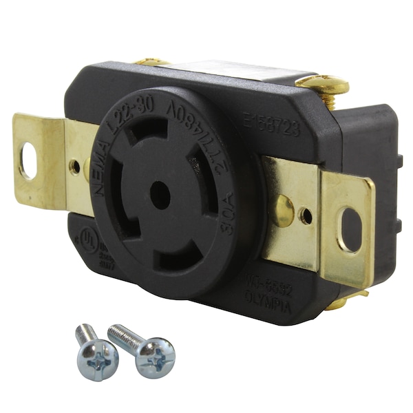 Locking Receptacle, L22-30R, 30 A, 277/480V AC, 4 Pole, Flush Mount, Black
